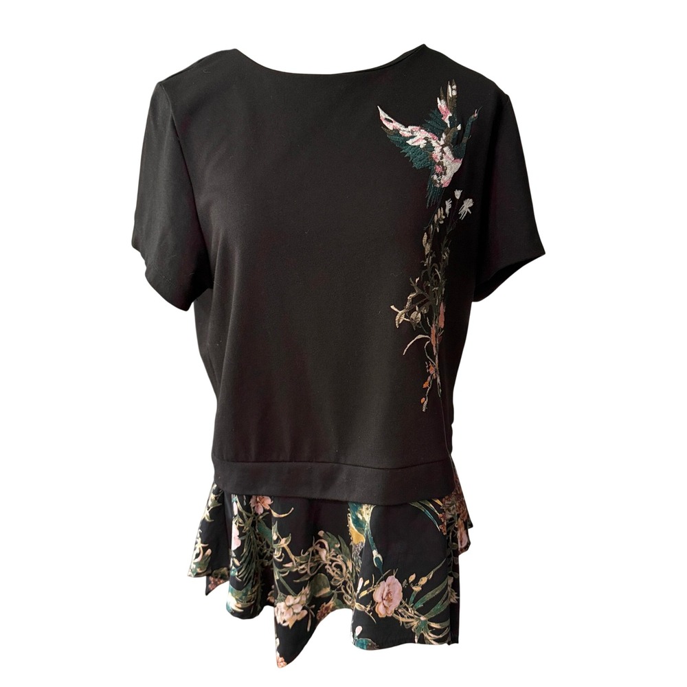 W5 Black Embroidered Crane Floral Peplum Top Short Sleeve Back Zip Layered L